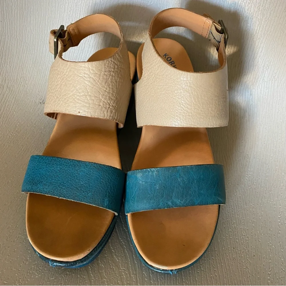 Kork-Ease leather wedge teal blue platform strap buckle sandals 8m